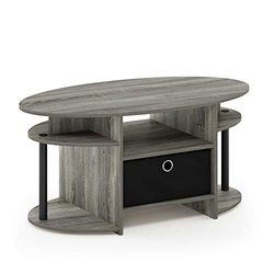 Furinno JAYA Prosty design owalny stolik kawowy z pojemnikiem, dąb francuski/czarny/czarny