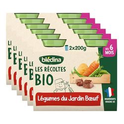 Blédina Les Récoltes Bio, Petits pots bébé Bio, Dès 6 Mois, Légumes du Jardin, Boeuf, 12x200g