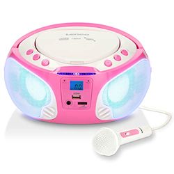 Lenco SCD-650 Reproductor de CD para niños - Radio FM - Microfóno - USB - Altavoces con Efectos de luz - Rosa