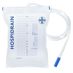 AIESI® Sacche per urina da letto 2 litri con tubo 90 cm senza rubinetto di scarico HOSPIDRAIN (Confezione da 25 pezzi)