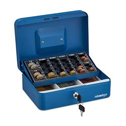 Relaxdays Cash Box, Coin Counter Tray Lockable Steel Portable Change & Notes, H x W x D: 9 x 25 x 18 cm, Blue