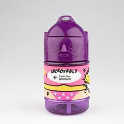 Gepersonaliseerde kinderfles, waterfles met rietje, neutraal paars voor meisjes