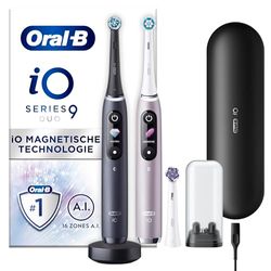 Oral-B iO 9 oplaadbare elektrische tandenborstels, zwart en roze handvat, bluetooth met revolutionaire magneettechnologie, 3 borstels, 1 reisetui