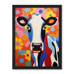 Artery8 Colourful Cow Bright Bold Floral Portrait Acrylic Painting Vibrant Folk Art Flower Artwork Friesian Kids Bedroom Artwork Framed Wall Art Print 18X24 Inch