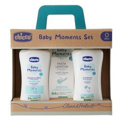 Chicco Baby Moments Set con Bagno Corpo da 200 Ml, Shampo Senza Lacrime da 200 ml, Pasta Lenitiva da 100 Ml, Idea Regalo, 0 Mesi +