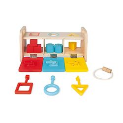 Janod - Essential - The Key Box - Early Years Educational Wooden Game 2-In-1 - Teaches Shapes, Colours and Fine Motor Skills - Water-Based Paint - from 18 Months, J05065