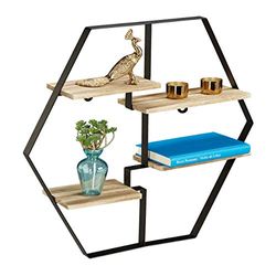 Relaxdas wandrek hexagon, met 4 planken, hout & ijzer, zeshoekig, HBD 52 x 60 x 12 cm, zwart/natuur