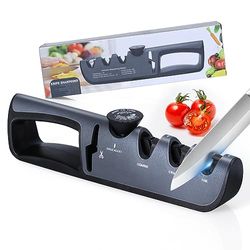 Alyvisun Kitchen Knife Sharpener, Professional Manual 4 in 1 Knife Sharpener, Ergonomic Handle and Non-Slip Base, for Sharpening Kitchen Knives, Scissors ect (Black)