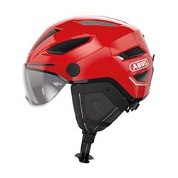 ABUS Casque de ville Pedelec 2.0 ACE - casque de vélo avec feu arrière, visière, bonnet de pluie, protection des oreilles - pour hommes et femmes - rouge, taille M