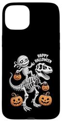 Happy Halloween Mummy on a T-Rex Skeleton Case for iPhone 15 Plus