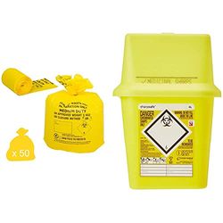 Hanfare CX50/CWMD2 Clinical Waste Bag, Medium Duty, Yellow (Pack of 50) & Frontier 41005430 Medical Sharps Disposal Bin/Box, 4 L