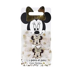 Pack of 2 Minnie Mouse Bow Shaped Hairpins – White and Gold – Made of 100% Polyester – Print with Minnie Mouse Face – Original Product Designed in Spain