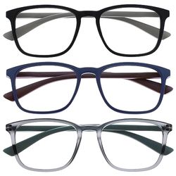 OPULIZE Max Gafas de Lectura - Pack de 3 - Marco Rectangular Clásico Grande - Negro Mate Azul Gris - Unisex Hombres Mujeres - Bisagras de Resorte - RRR78-137 - +2.00