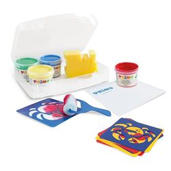 Morocolor Vingerverf in kunststof blikjes, 4 kleuren x 100 g. Multifunctionele koffer, 6 sjablonen, 1 sponsrol, 1 Jumbo penseel, 1 kunststof onderlaag