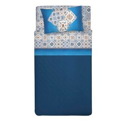 PENSIERI DELICATI Parure de lit Simple 100% Coton, Parure de lit Simple 90 x 200 cm, avec Drap Plat, Drap et 1 taie d'oreiller, fabriquée en Italie, Motif faïence Bleue