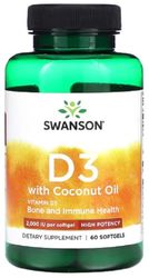 Swanson - Vitamin D-3 with Coconut Oil | Immune and Bone Health Support | 2000 IU Softgels - 60 Count