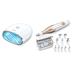 Beurer MP48 Secador Uña scon Luz UVA Compacto, Blanco, 18 LEDs, Temporizador, Secado Rápido & MP 64 Set de manicura y pedicura profesional con con batería recargable, torno para uñas inalámbrico