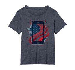 Estrellas, Rayas y teléfonos Inteligentes Camiseta, Mujer Tallas Grandes, Azul Jaspeado, 3XL Grande