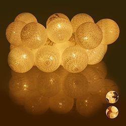 Relaxdays Guirlanda de luzes com 20 bolas LED a pilhas, algodão e poliéster, branco, 6 cm de diâmetro