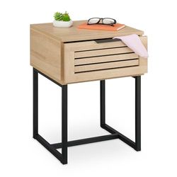 Relaxdays Bedside Table with Drawer, 55.5 x 40 x 41.5 cm, Nightstand, Wood Effect, Metal, Bedroom Cabinet, Natural/Black, Fibreboard, Iron