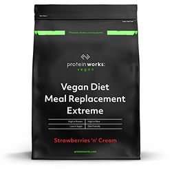 THE PROTEIN WORKS Substitutivo para alimentos dietéticos vegan extreme, batimento de baixa caloria, para perda de peso, vitaminas e minerais essenciais, morangos com nata, 1 kg