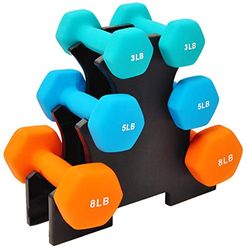 Signature Fitness Juego de mancuernas recubiertas de neopreno de 32 libras con soporte de 3, 5, 8 libras