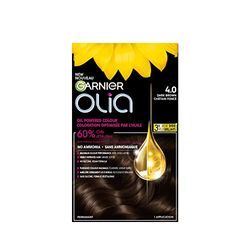 Garnier Olia Permanent Hair Dye, No Ammonia, Full Grey Coverage, Long-lasting Colour & Shine, Vegan Formula, Colour: 4.0 Dark Brown, 230g