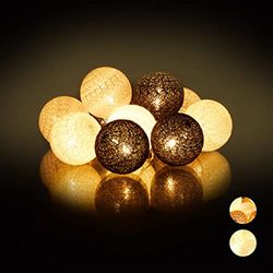 Relaxdays Guirlanda de luzes com 10 bolas LED a pilhas, algodão-poliéster, branco-cinzento e preto, 6 cm de diâmetro