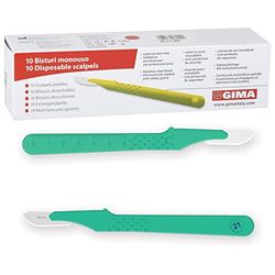 GIMA Gima - Bistouris en Acier Inoxydable, Manche en ABS, Stérile et Jetable, Premium, Protège-lame de sécurité, Taille n. 21, 10 scalpels emballés individuellement.