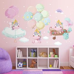 Adhesivo decorativo para pared, diseño de unicornios en las nubes, 90 x 60 cm