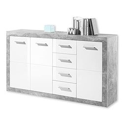 Stella Trading STONE Confortável contemporânea com gavetas com acabamento em betão e branco de brilho intenso, com muito espaço de armazenamento para a sua sala de estar, 152 x 88 x 37 cm