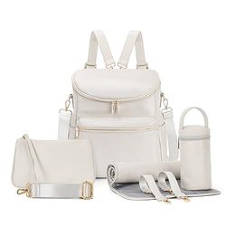 Minsong Diaper Bag Backpack, Fashion Leather Mommy Backpacks, Travel Baby Diaper Bags with in Bag Organizer and Changing Pad, Pearl White, M, Stylish