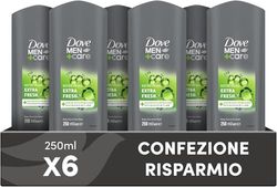 Dove, Doccia Dove Men+Care Extra Fresh, Docciaschiuma Uomo 3 in 1 Idratante Corpo, Viso e Capelli, con Tecnologia MicroMoisture, Dona 24 Ore di Idratazione, 6 Pezzi da 250 ml