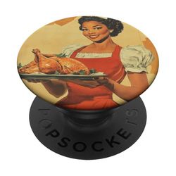 Chica Sosteniendo Pollo Asado Vintage Pinup Póster Retro Chef PopSockets PopGrip Adhesivo