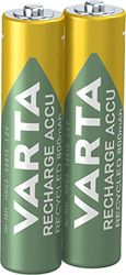 VARTA Pilhas AAA, recarregáveis, embalagem de 2, Recharge Accu Recycled, bateria recarregável, 800 mAh Ni-MH, fabricadas com 21% de materiais reciclados, pré-carregados, prontas a utilizar