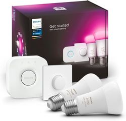 Philips Hue White & Color Ambiance Starter Kit 2 Lampadine Smart, Attacco E27, Luce Bianca e Colorata Dimmerabili, 9W, Hue Bridge e Telecomando Smart Button inclusi, Bluetooth