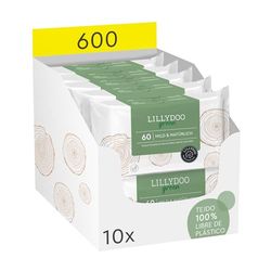Toallitas húmedas naturales LILLYDOO green, 10 paquetes de 60 (600 unidades), 100% tejido sin plásticos y sin fragancias