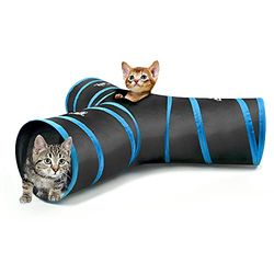 Pawaboo Tunnel pour Chat, Tunnels Premium 3 Voies Extensible Pliable Tunnel de Jeu Jouet Labyrinthe Maison de Chat avec Pompon et Cloches pour Chat Chiot Chaton Lapin, Noir et Bleu Claire