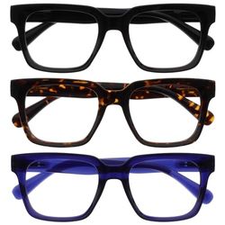 OPULIZERA Blue Light Blocking Reading Glasses - Anti-Reflective Anti-Glare - 3 Pack Readers - UV400 Protection - Oversized Frame - Computer Screen Glasses - Black Brown Blue - Men Women - +3.50