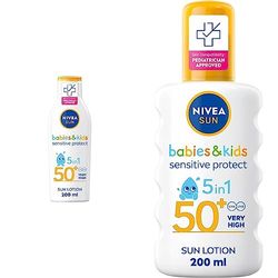 NIVEA SUN Kids Protect & Sensitive Sun Lotion (200ml) Sunscreen with SPF 50+, Kids Suncream & SUN Kids Protect & Sensitive Spray (200ml) Sunscreen Spray with SPF 50+, Kids Suncream