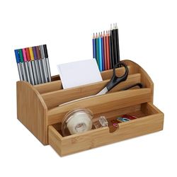 Relaxdays Bamboo Desk Caddy, 4 Compartments & 1 Drawer, Natural Brown, Cottage Style, 11 x 27.5 x 15 cm