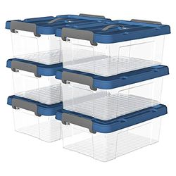 Cetomo 20L* 6 Plastic Opbergdoos, Tote doos, Transparante Organiserende Container met Duurzaam blauw Deksel en Veilige Klink Gespen, Stapelbaar en Nestable, 6Pack