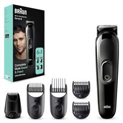 Braun REGOLABARBA Tagliacapelli Uomo, Rasoio Elettrico Barba e Capelli, 6-In-1 Styling Kit Ideale per Barba, Capelli, 50 Minuti Di Utilizzo Senza Fili, MGK3410