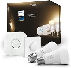 Philips Hue White startset med E27 lampor 2-pack (1 055 lm), Smart Button+ Hue Bridge, LED-lampor med varmt vitt ljus via Hue-ljussystem styrbara via tal och app