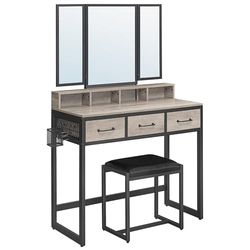 VASAGLE Coiffeuse, Table de Maquillage avec Tabouret Rembourré, avec Miroir Triple, 3 Tiroirs, Porte-sèche-cheveux, Pot, Style Industriel, Grège et Noir RVT004B02