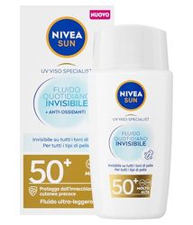 NIVEA SUN Fluido Quotidiano Invisibile SPF 50+ 40 ml, Crema viso SPF 50+ invisibile su tutti i tipi di pelle, Protezione solare viso in fluido ultraleggero e opacizzante ad assorbimento rapido