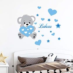 Autocolantes personalizados com nome personalizado, design de urso, decoração de parede para quarto infantil, 2 folhas de 30 x 35 cm e 50 x 30 cm, tom azul