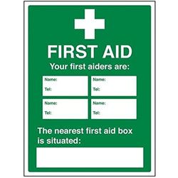 VSafety 31029BC-R "First Aid/First Aiders/Location" First Aid General Sign, Rigid Plastic, Portret, 300 mm x 400 mm, Groen