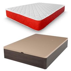 amuéblate online Pack Matelas viscoélastique Rouge réversible + sommier en Bois renforcé Grande capacité, Polyuréthane, Wengé, 135 x 190 cm