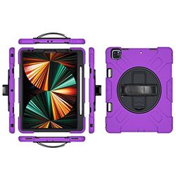 Funda para iPad Pro de 12.9 Pulgadas 2022/2021/2020/2018 (6ª/5ª/4ª/3ª generación) con Soporte para lápices, Funda Protectora Robusta con Soporte Giratorio de 360° y Correa de Mano, Color Morado